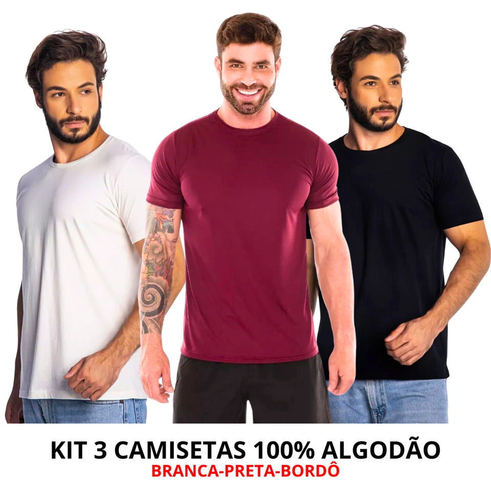 Kit 3 Camisas Masculina Lisa Algodão Premium
