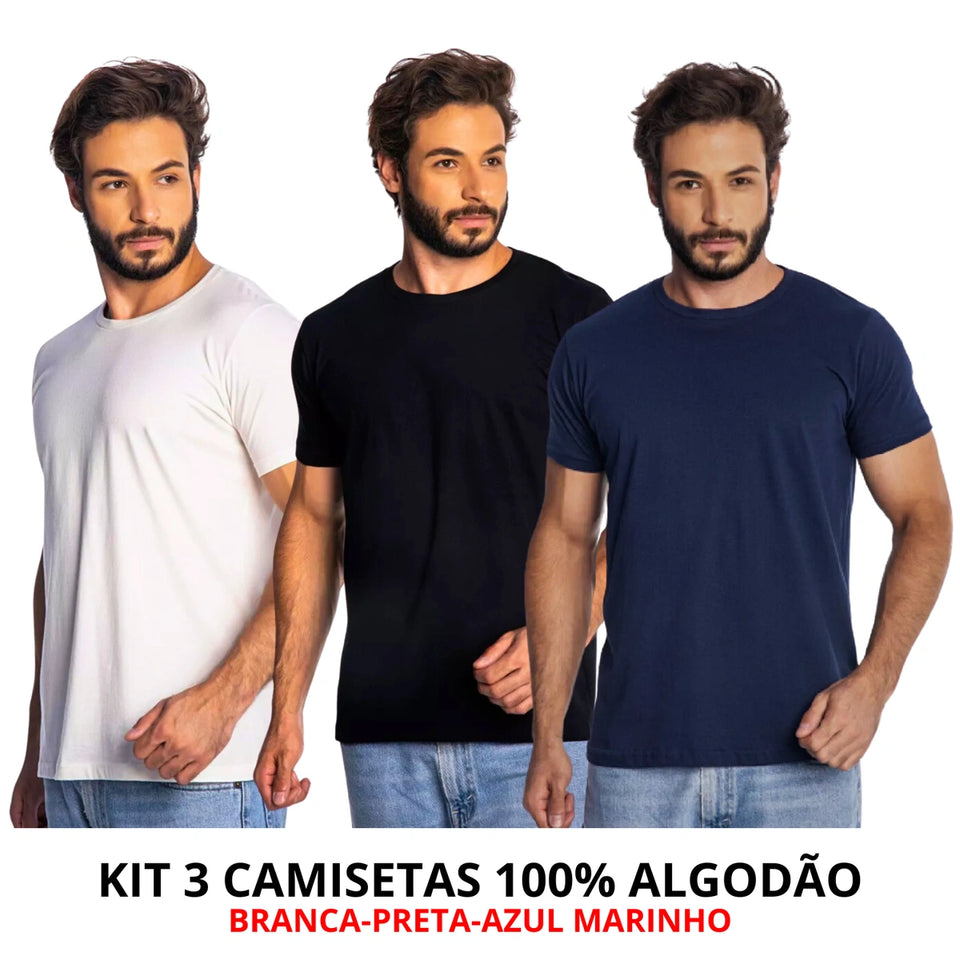 Kit 3 Camisas Masculina Lisa Algodão Premium