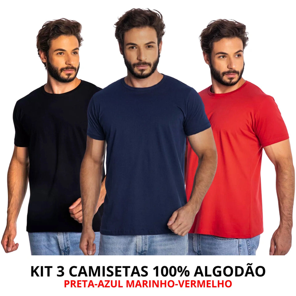 Kit 3 Camisas Masculina Lisa Algodão Premium