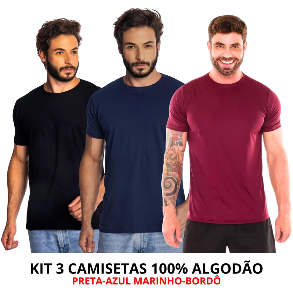 Kit 3 Camisas Masculina Lisa Algodão Premium