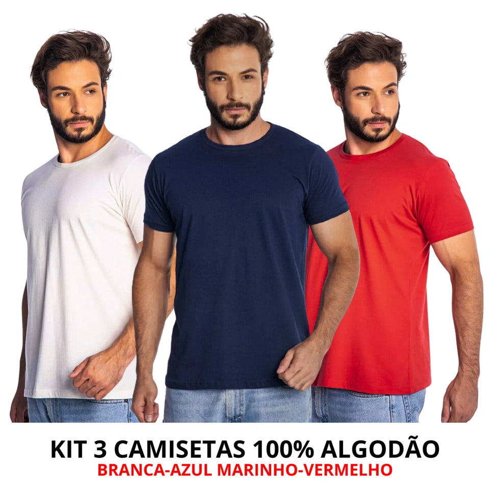 Kit 3 Camisas Masculina Lisa Algodão Premium